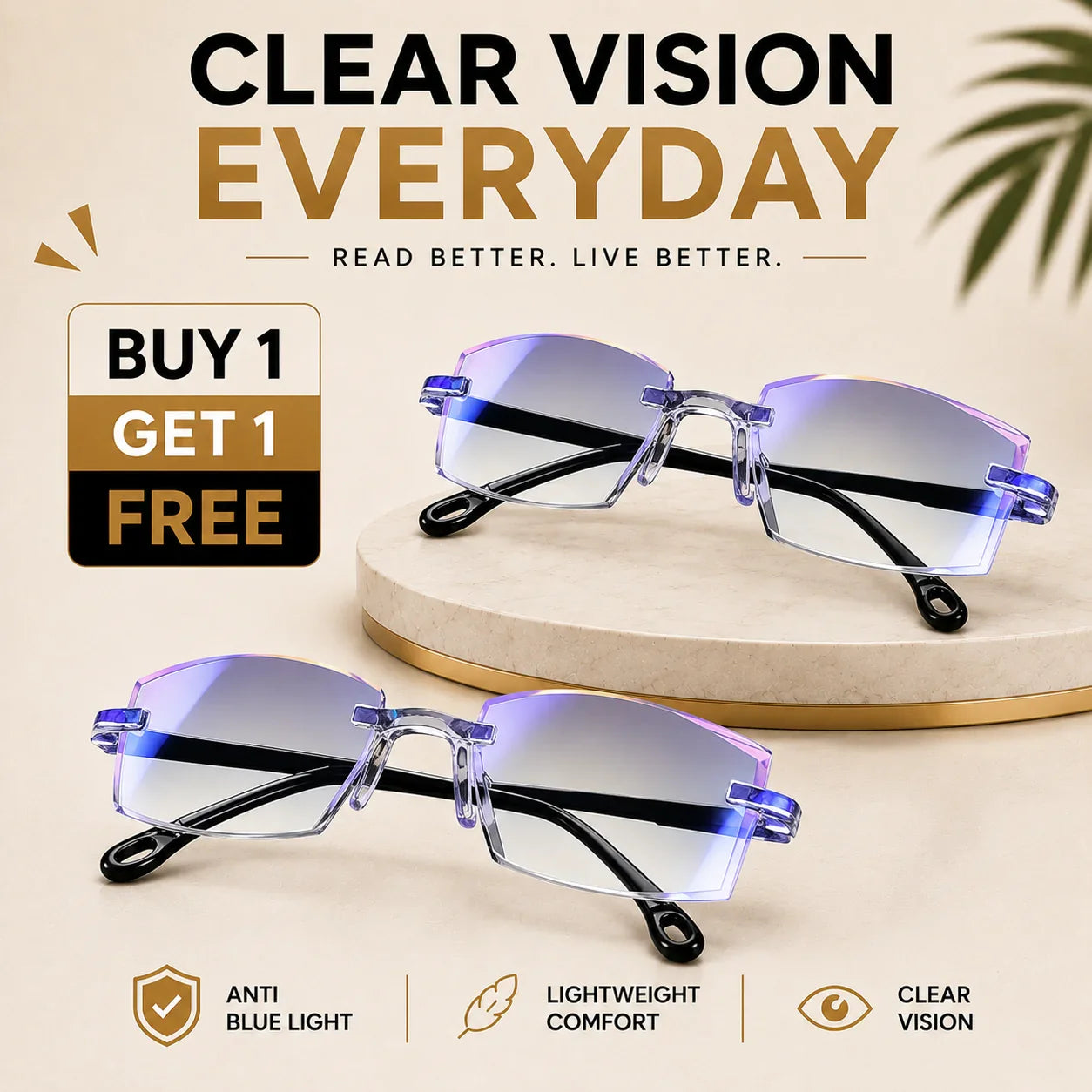 Buy 1 Get 1 Free - Rimless One Power Reading Glasses