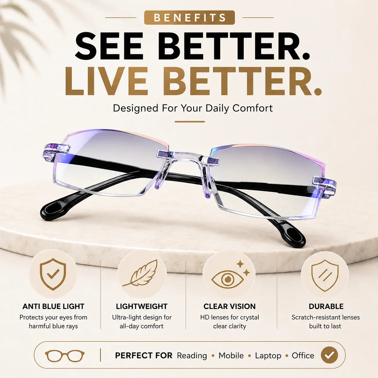 Buy 1 Get 1 Free - Rimless One Power Reading Glasses